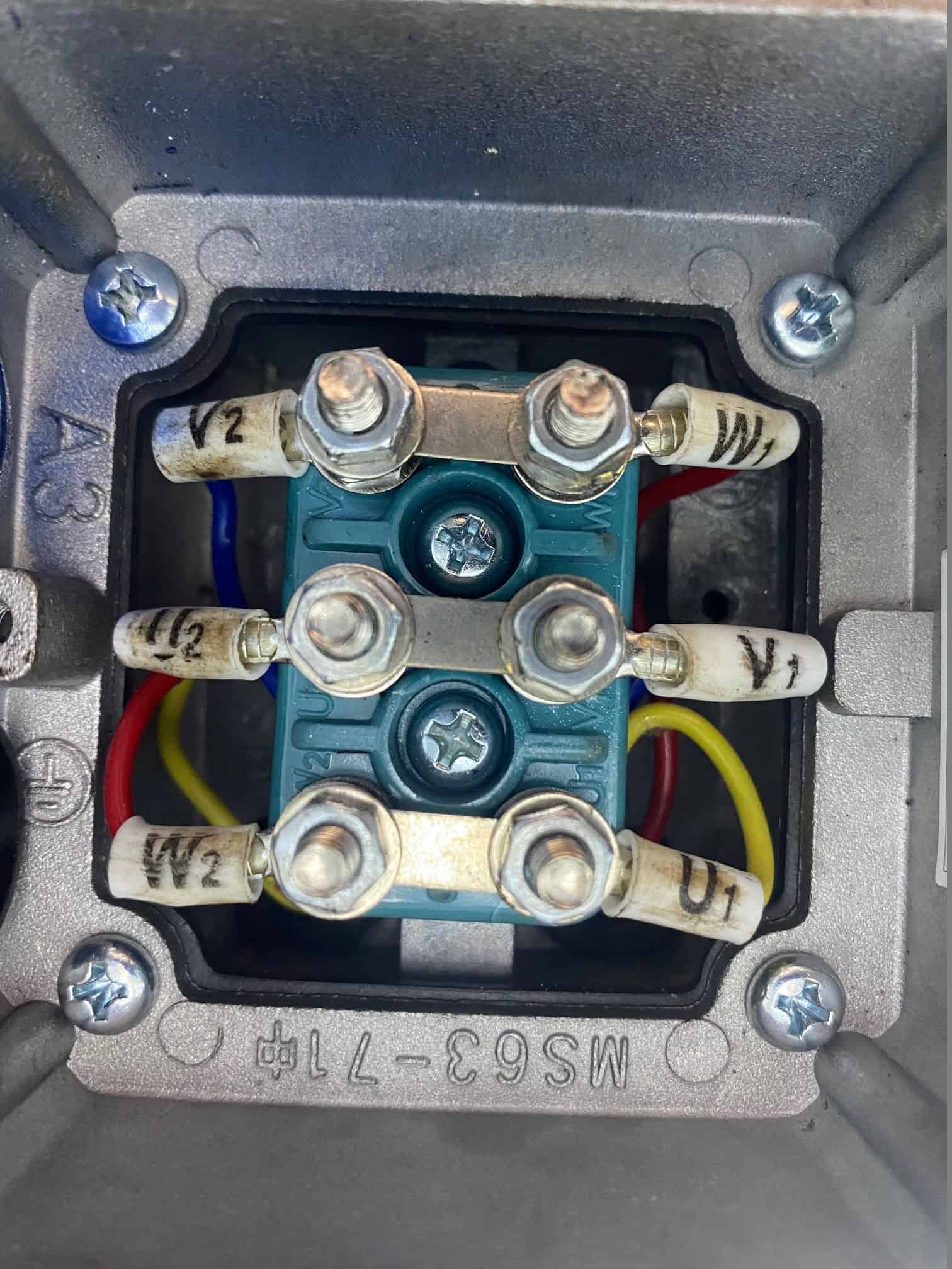 Motor terminal box showing delta connections