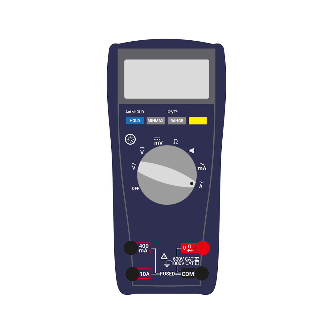 Multimeter showing the symbol used to test for AC current
