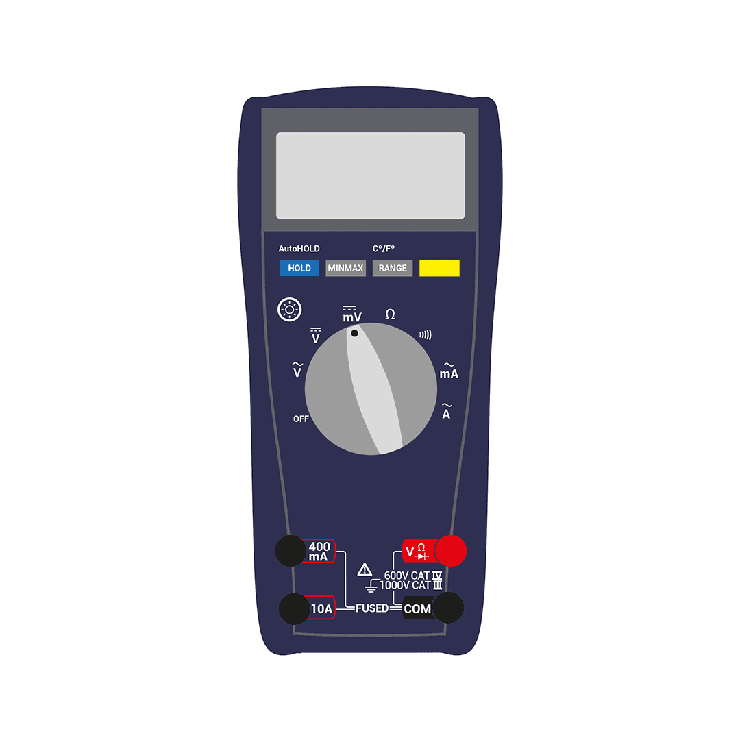 Multimeter showing the symbol used to test for DC millivolts