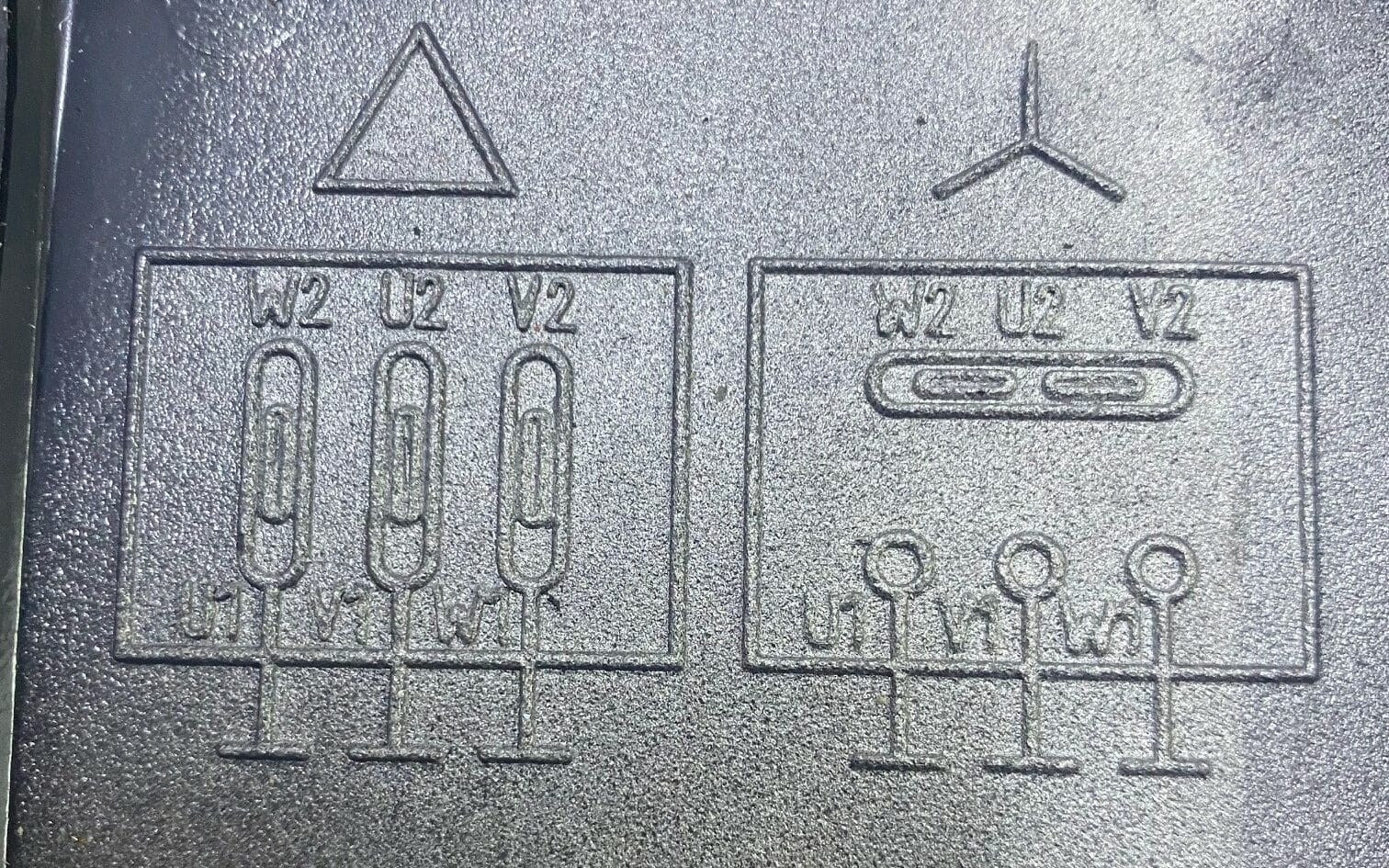 Top of motor terminal cover showing how to connect in star or delta